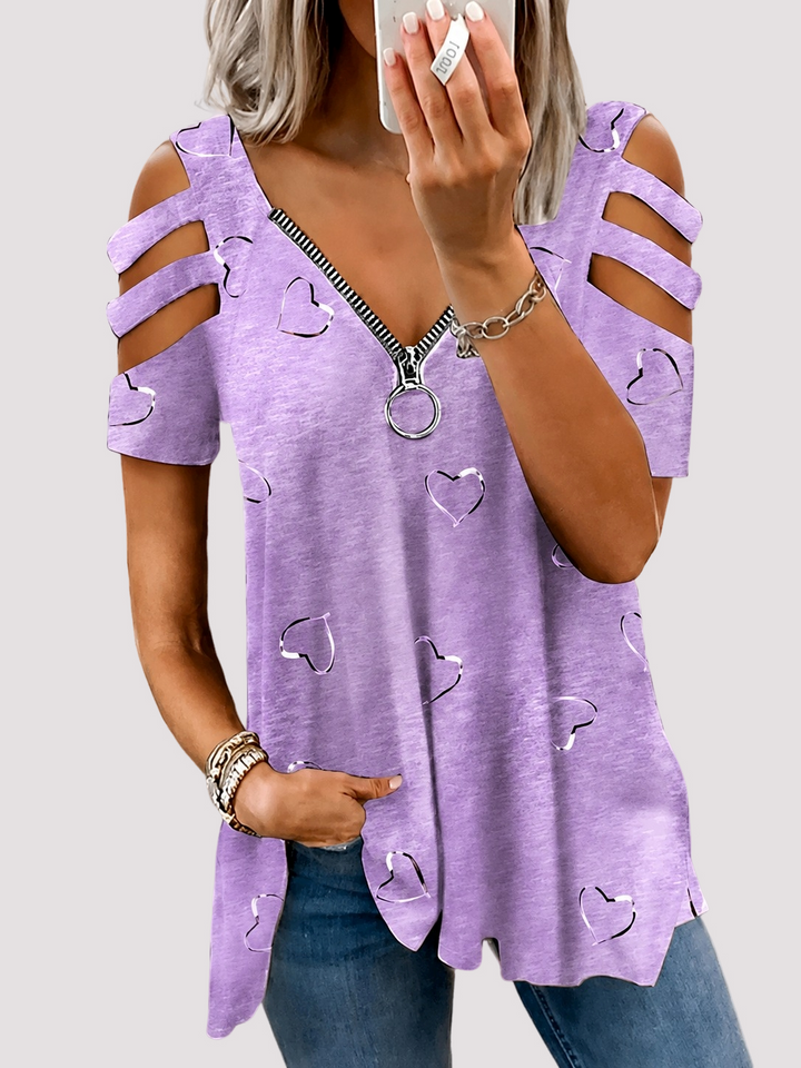 Blusa feminina elegante com gola V e zíper decorativo, um toque moderno para seu estilo casual e sofisticado.