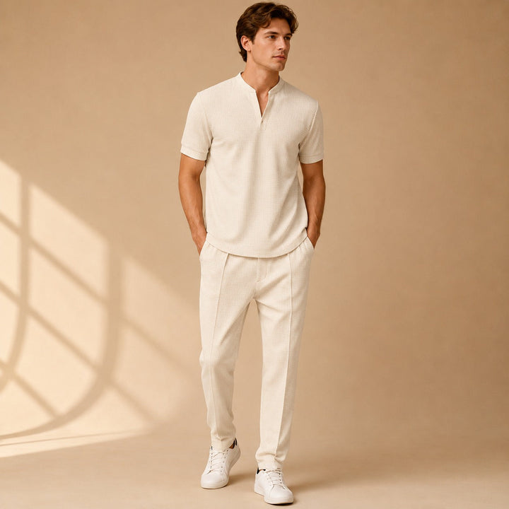 Conjunto masculino casual de waffle em 2 peças. Estilo minimalista, cores clássicas, perfeito para moda versátil.