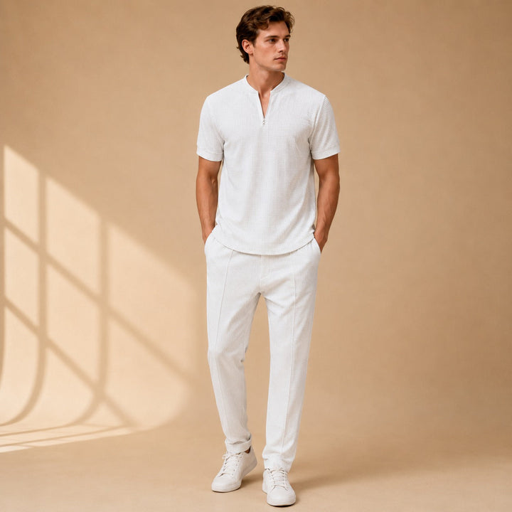 Conjunto masculino minimalista de waffle 2 peças, ideal para conforto diário e estilo casual de verão.