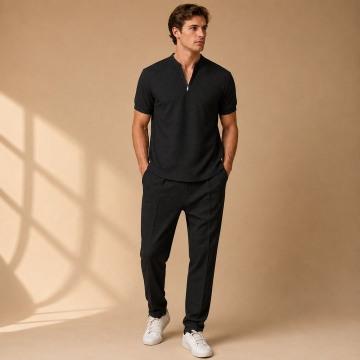 Conjunto masculino casual de waffle, 2 peças. Design minimalista e versátil para conforto e estilo diário moderno.