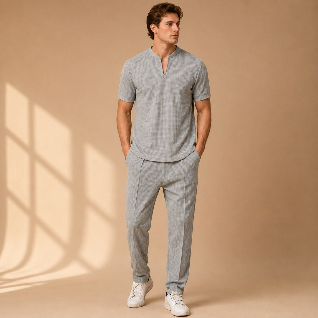 Conjunto de verão masculino 2 peças em tecido waffle. Conforto minimalista e estilo casual para o dia a dia.