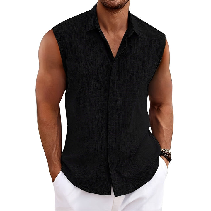Moda masculina: camisa Romy sem mangas para verão. Peça casual e confortável, ideal para dias ensolarados.