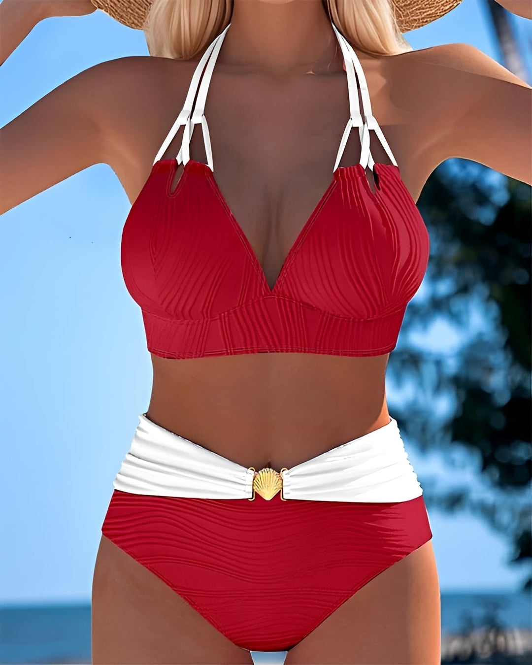 Moda praia feminina: biquíni de cintura alta estiloso, ideal para um verão com conforto e tendência.