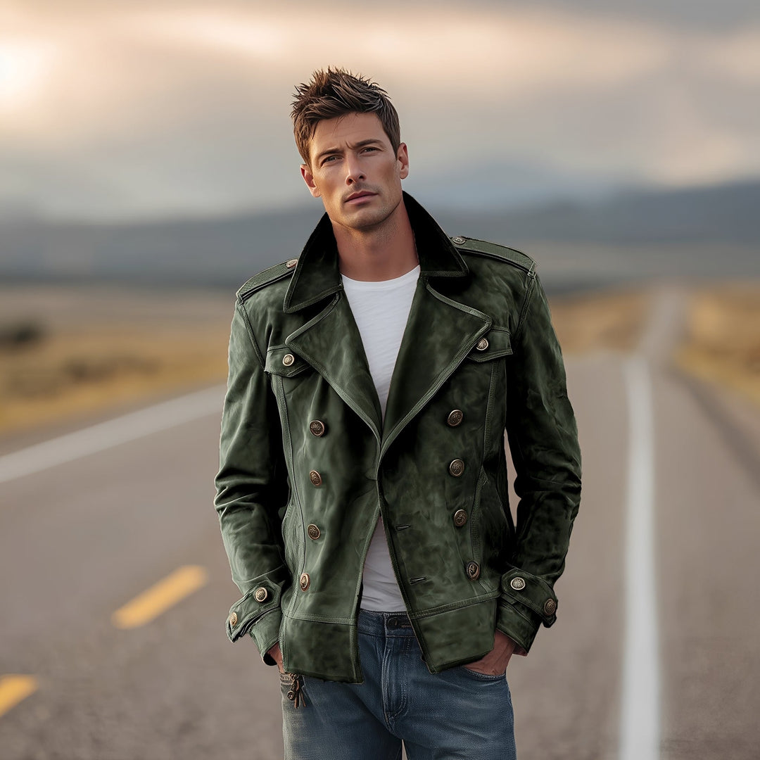 Jaqueta masculina de abotoamento duplo. Estilo elegante e versátil para outono/inverno, ideal para looks casuais e formais.
