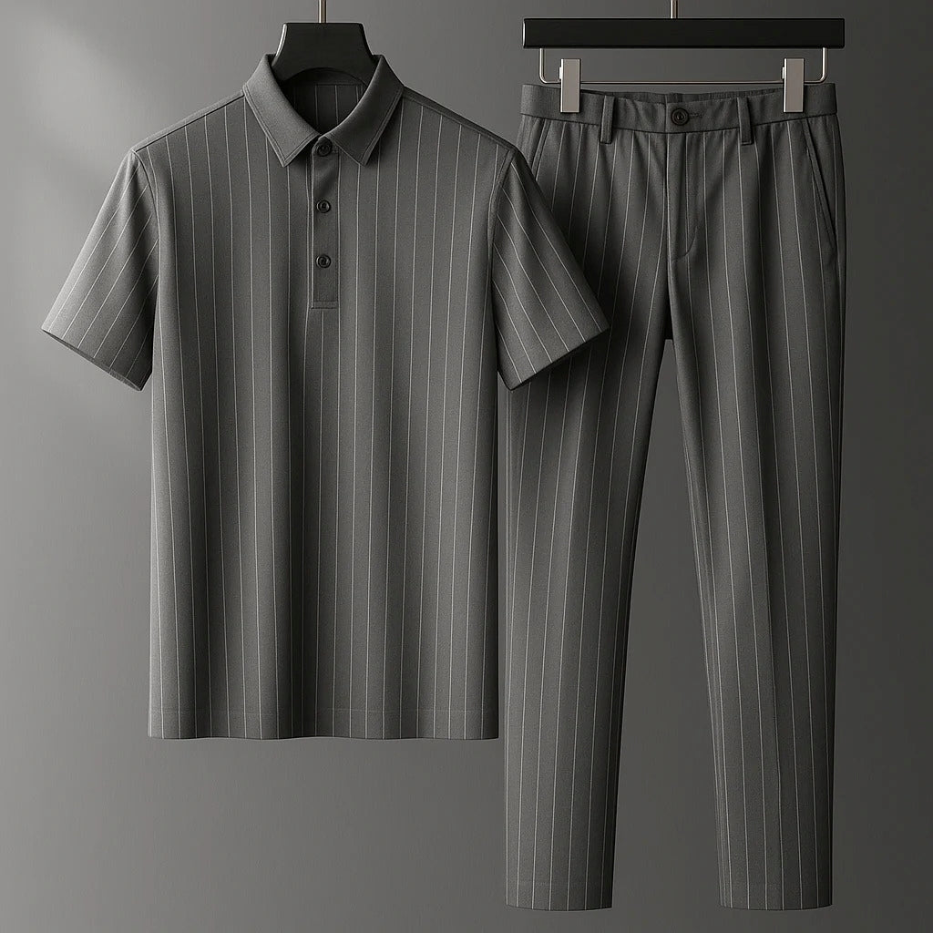Conjunto polo listrado masculino casual de verão, camiseta e calça confortáveis para estilo diário. Moda masculina.