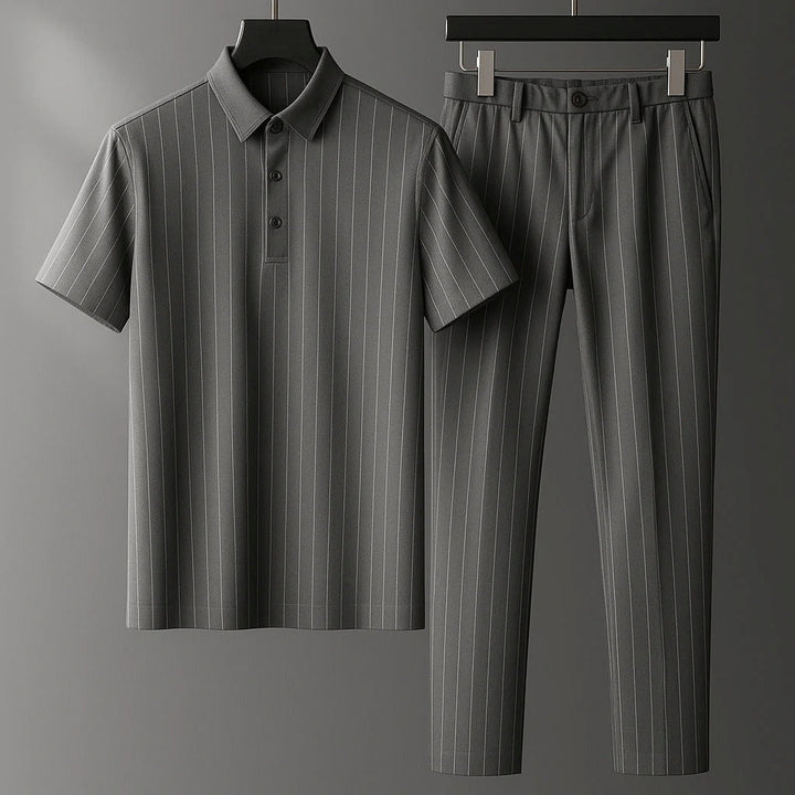 Conjunto polo listrado masculino casual de verão, camiseta e calça confortáveis para estilo diário. Moda masculina.