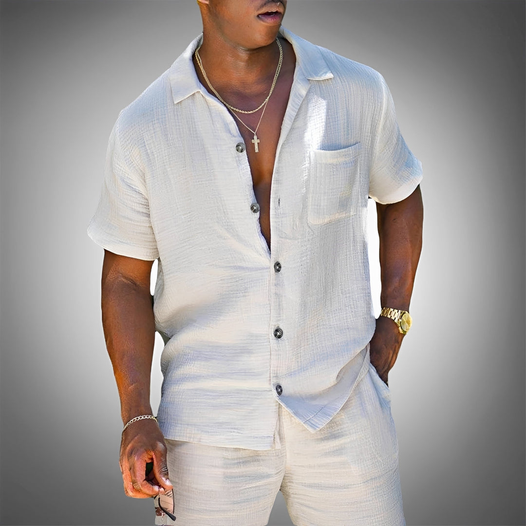 Conjunto masculino casual relaxado de verão em duas peças para conforto e estilo masculino. Perfeito para viagem.