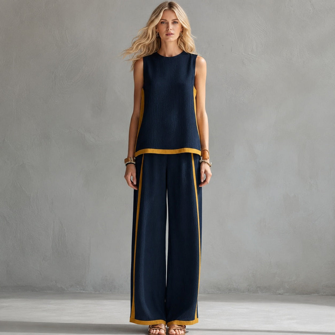 Conjunto feminino casual de verão, solto e sem mangas, para um look confortável e descontraído.