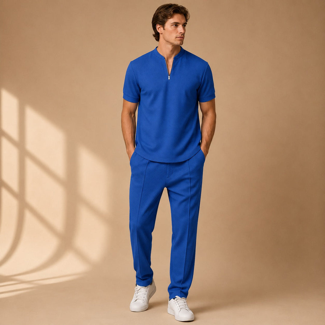Roupa masculina de waffle minimalista, conjunto de 2 peças para estilo moderno e conforto casual diário.