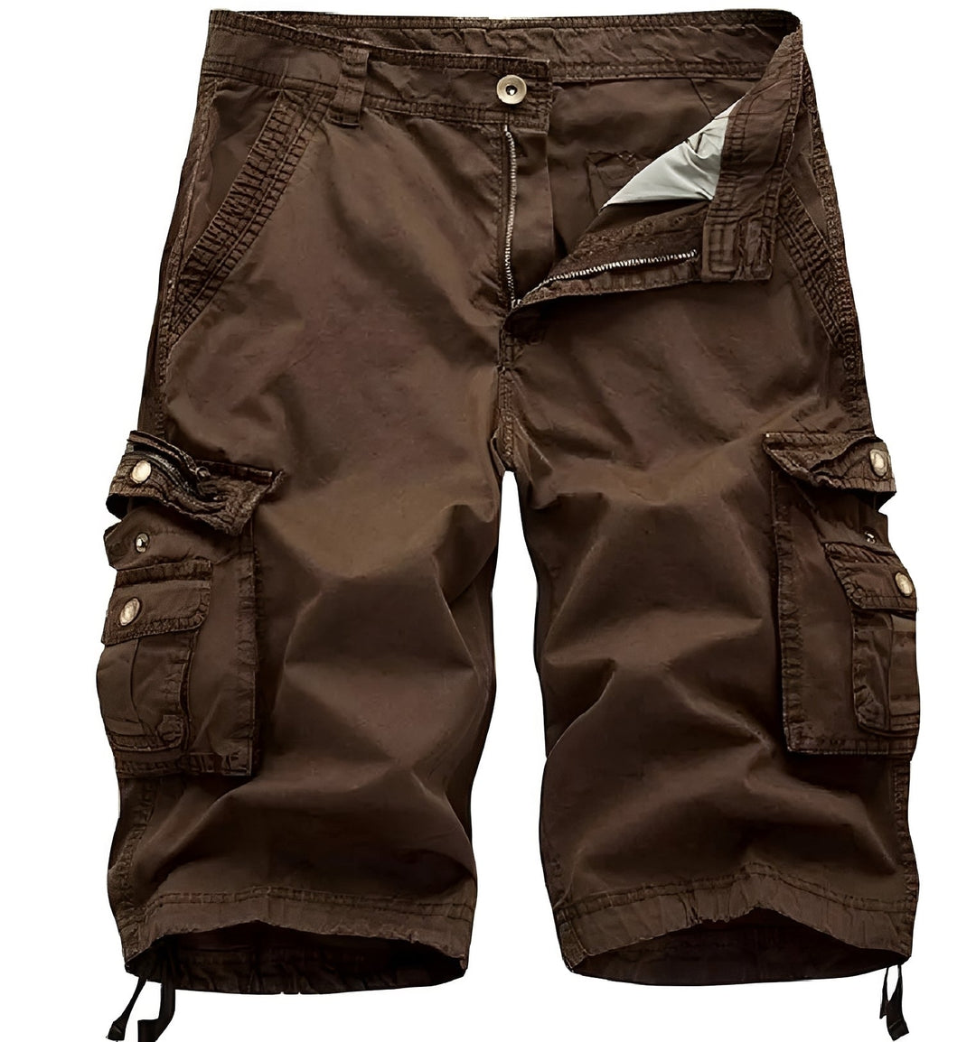 Detalhe do tecido dos shorts cargo masculinos. Leve, confortável e ideal para a moda de verão.