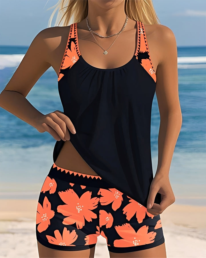 Tankini floral feminino com decote em U, para um visual moderno na praia ou piscina. Peça essencial para o verão e férias.