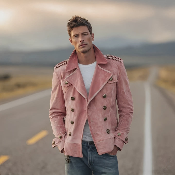 Jaqueta masculina de duplo abotoamento, estilo versátil para looks casuais e formais de outono/inverno.