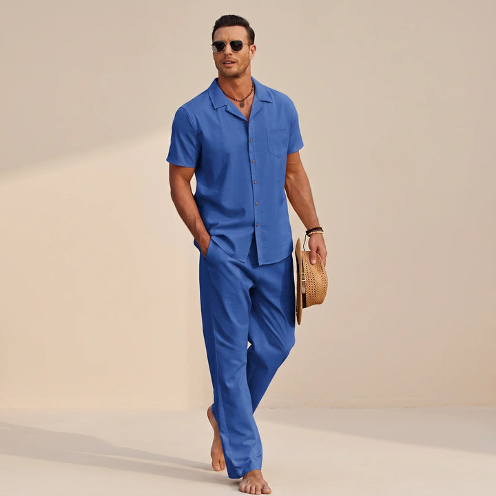 Conjunto masculino de verão: camisa e calça casual relaxada, perfeito para moda praia e conforto.