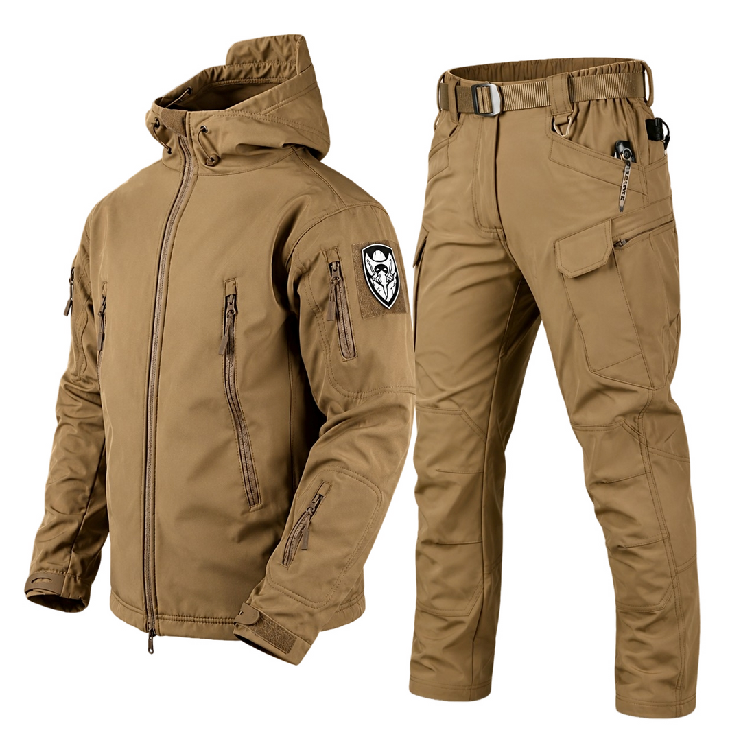Conjunto esqui masculino isolado termicamente, com jaqueta e calça para proteção no frio.
