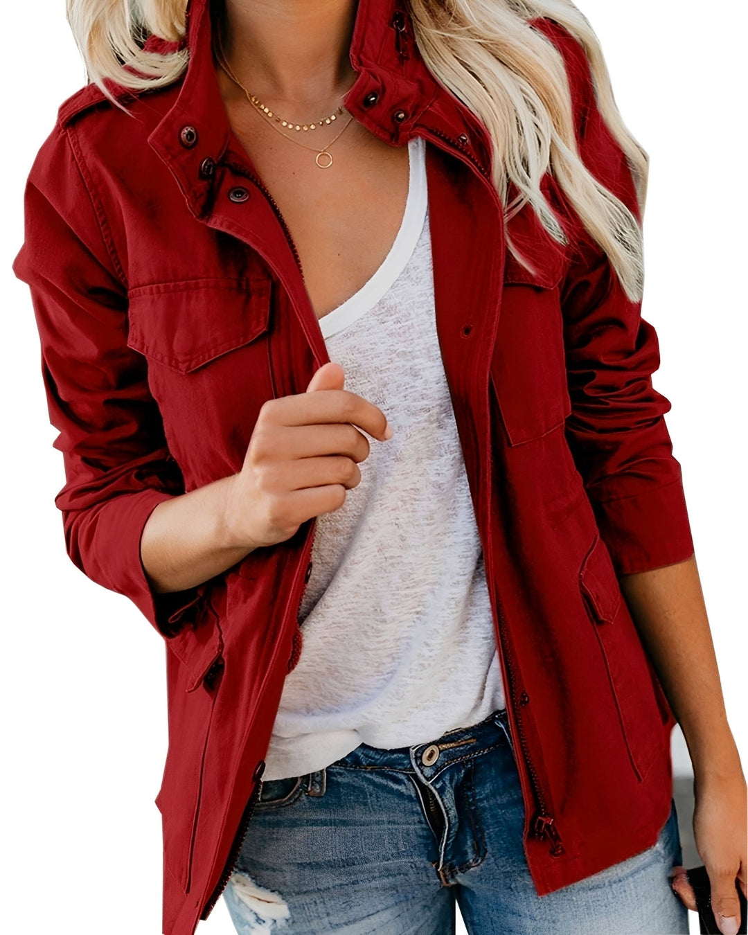 Jaqueta feminina estilosa com bolsos funcionais. Roupa elegante e casual, ideal para versatilidade diária.