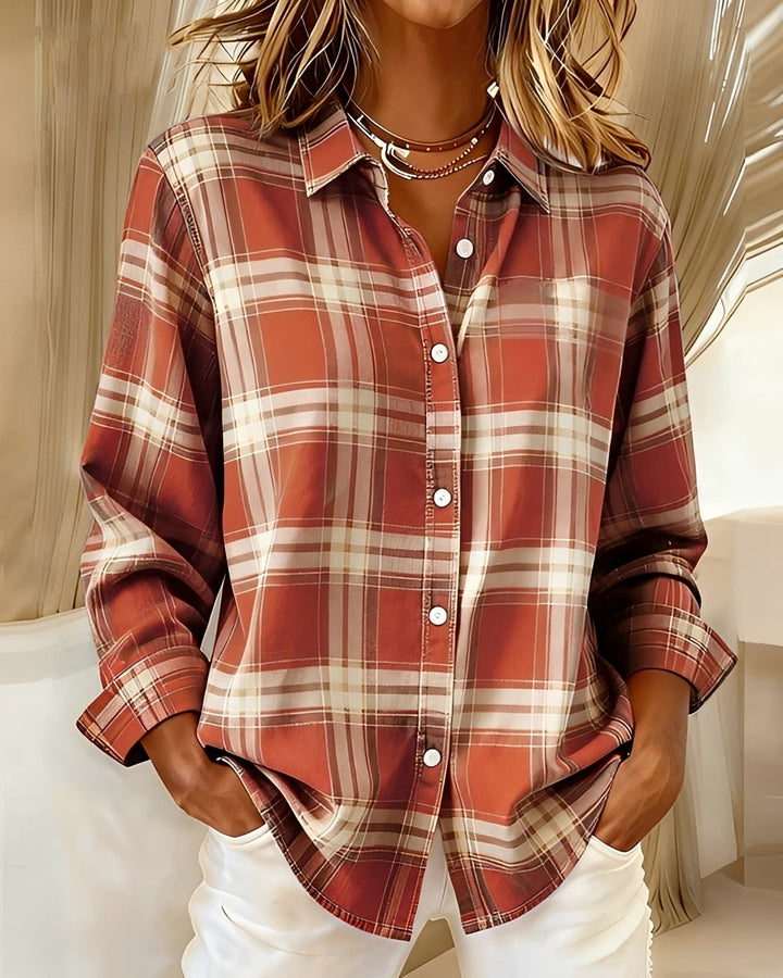 Camisa feminina casual xadrez de manga longa, design confortável e versátil para o dia a dia. Perfeita para outono.