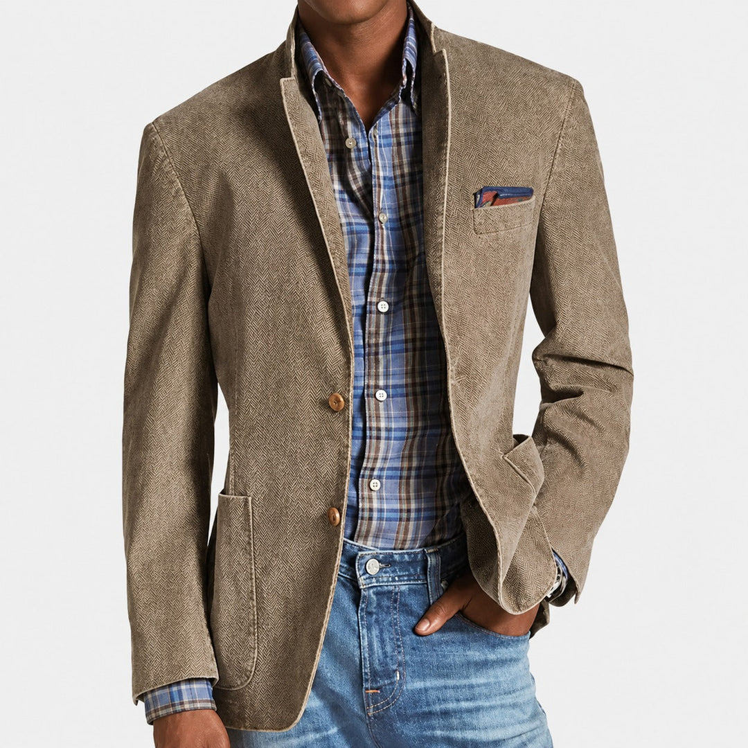 Blazer masculino retrô abotoamento simples para estilo vintage. Ideal para moda masculina casual elegante.
