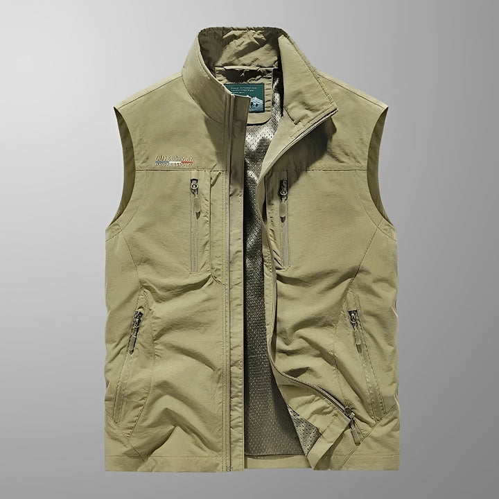 Colete masculino cargo, com múltiplos bolsos, perfeito para moda casual e trabalho.