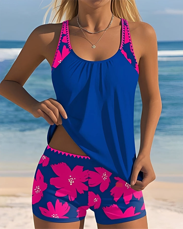 Tankini feminino floral de verão, com decote em U. Ideal para férias, piscina e moda praia, combinando conforto e estilo.