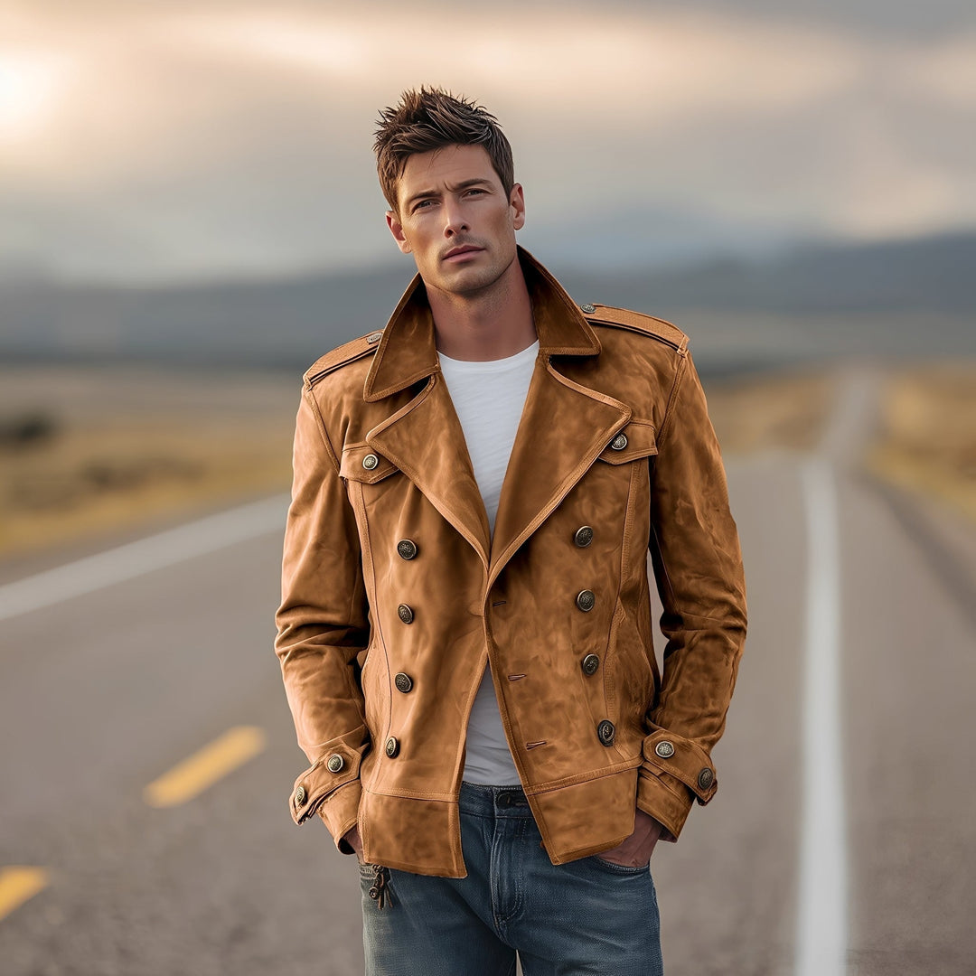 Jaqueta masculina casual/formal com duplo abotoamento. Peça versátil para outono/inverno, adicionando elegância ao look diário.