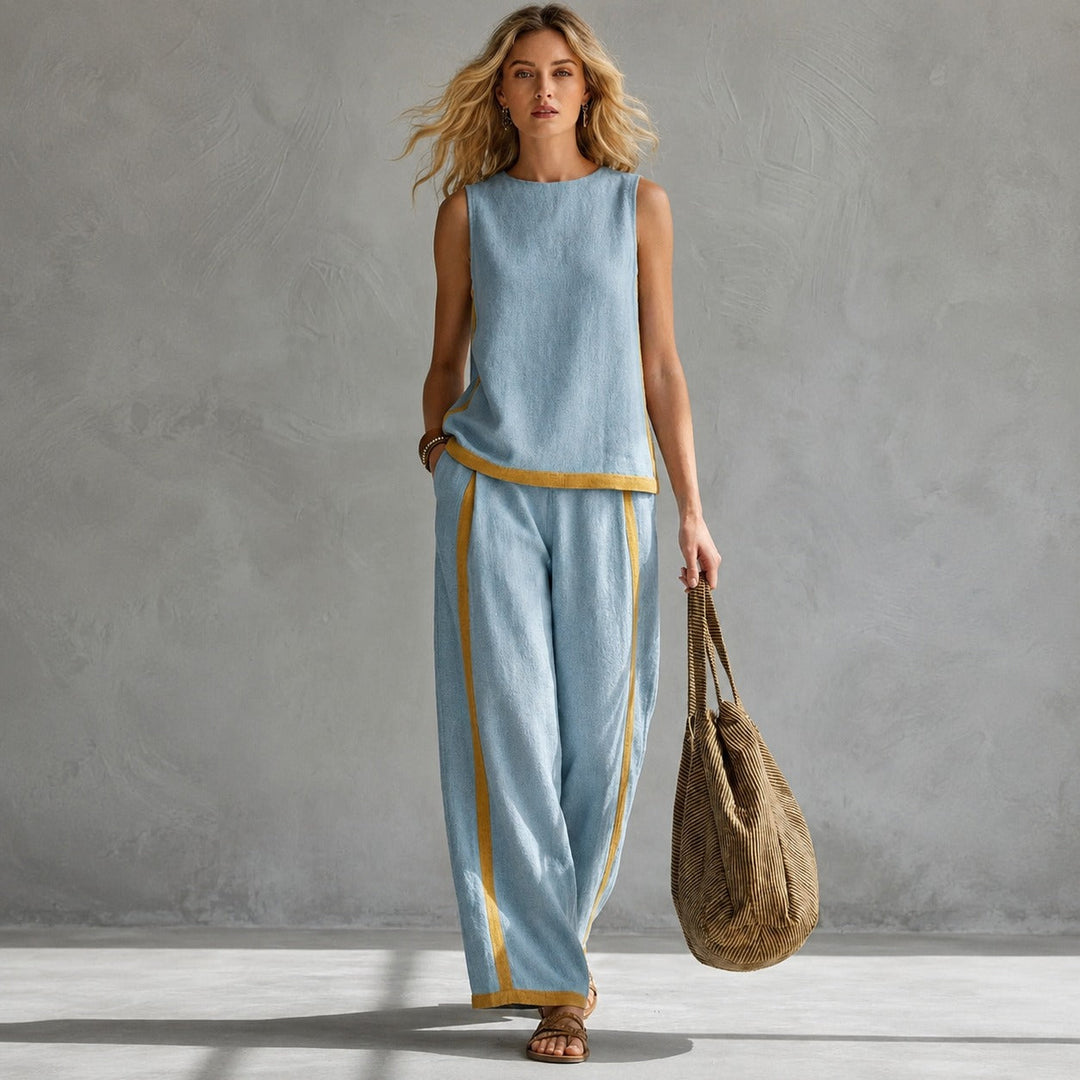 Conjunto casual feminino sem mangas, ideal para viagens e um estilo descontraído no verão.