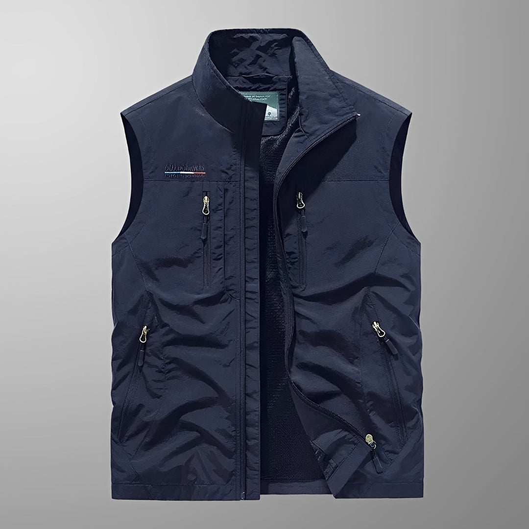 Colete masculino de trabalho, tipo cargo, ideal para o frio, com design funcional e bolsos.