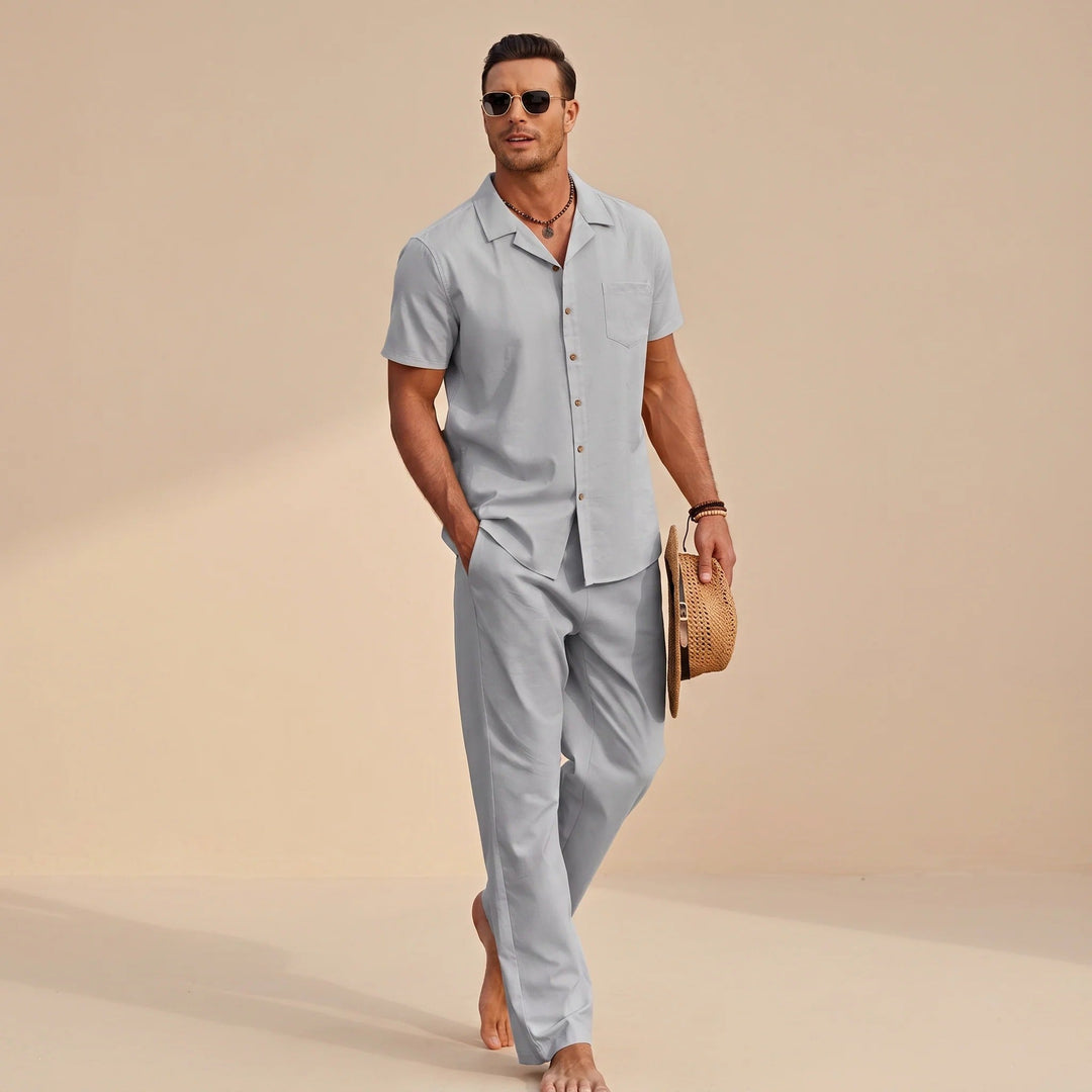 Conjunto masculino relaxado de verão, roupa casual de camisa e calça para aproveitar as férias.