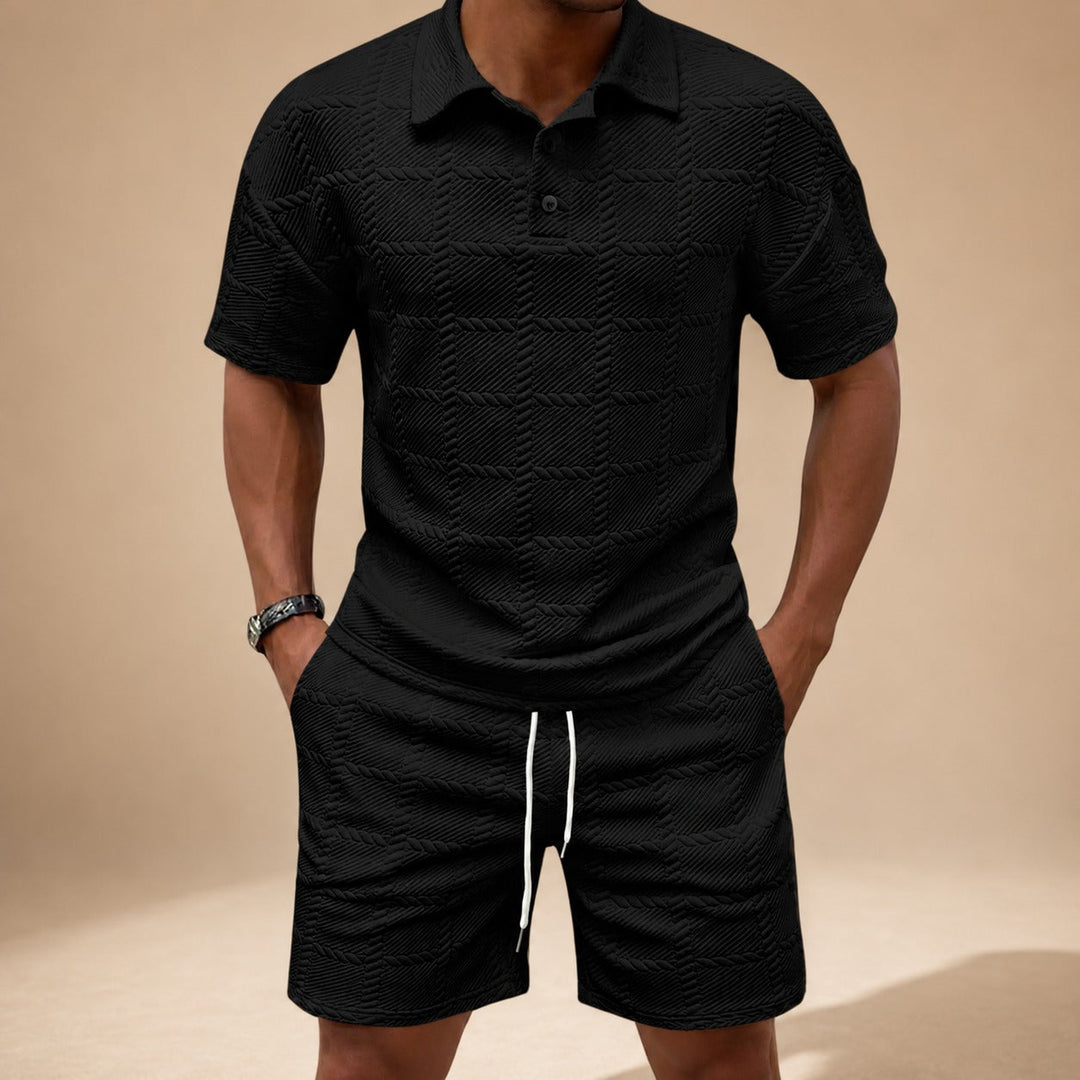 Conjunto de verão masculino texturizado, roupa confortável e estilosa para moda casual masculina.