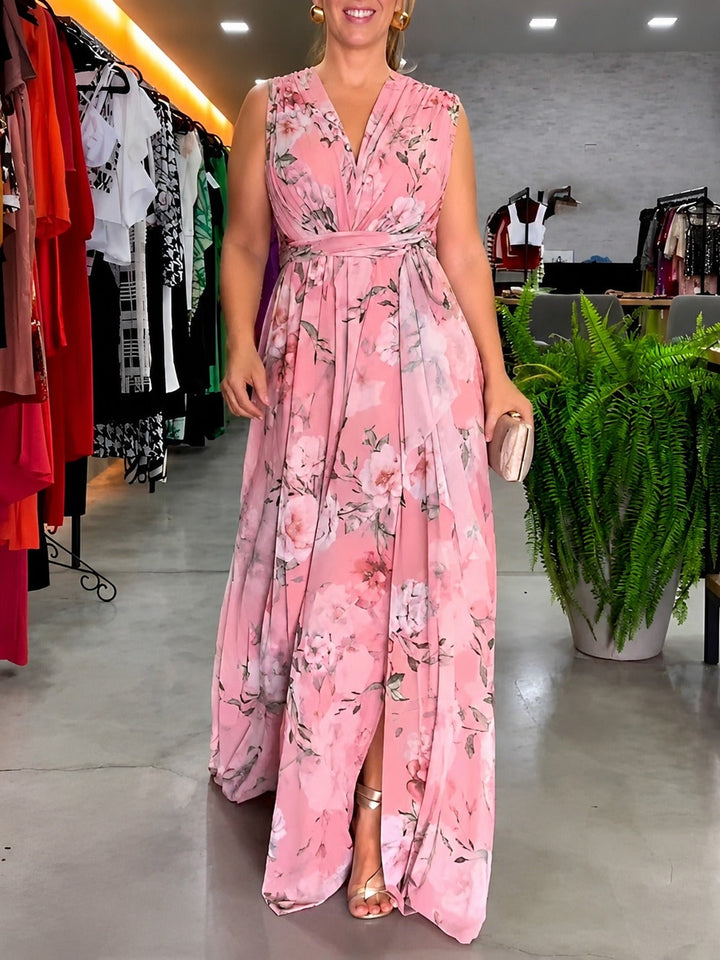 Vestido feminino floral casual sem mangas para verão, ideal para praia e passeios. Confortável e elegante.