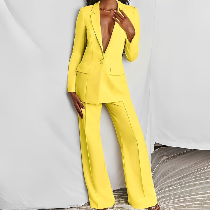 Conjunto feminino power dressing: blazer e calça elegante para profissionais. Vestuário formal e chic.