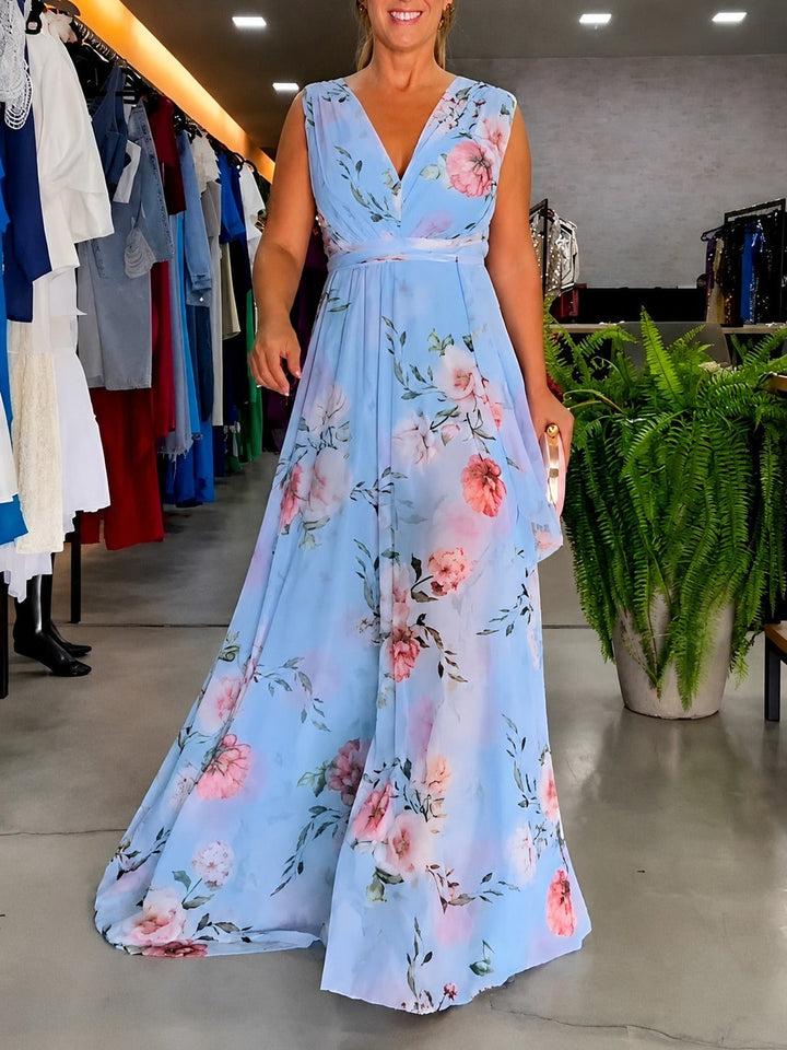 Vestido floral feminino elegante e confortável, sem mangas, perfeito para o verão e primavera. Estilo casual.