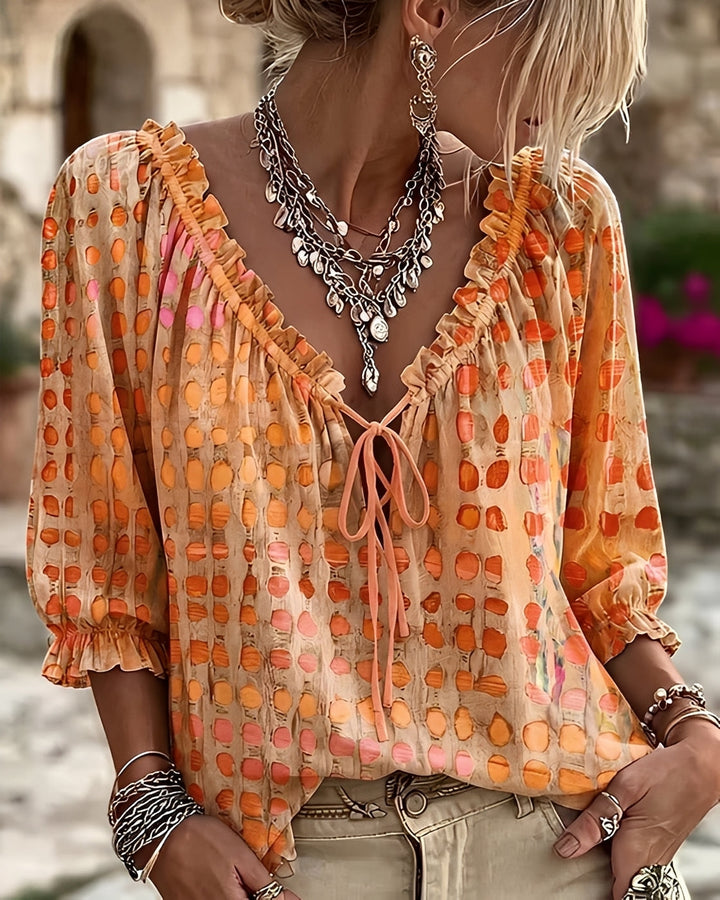 Blusa feminina de bolinhas, tecido confortável e design versátil para outono/verão. Moda casual elegante.