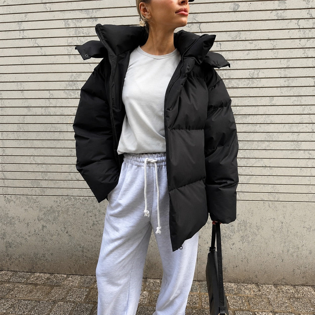 Jaqueta feminina da moda para inverno e outono, com capuz e quente.