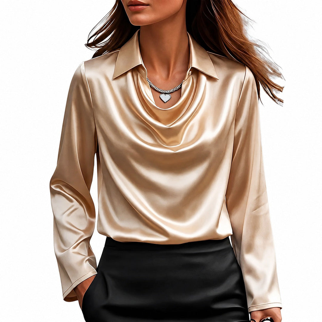 Top feminino de moda, blusa elegante com brilho e mangas longas para o outono-inverno. Estilo sofisticado e atual.