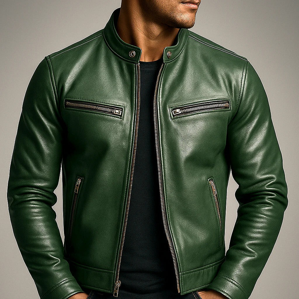 Jaqueta masculina preta de motoqueiro clássica, estilo atemporal, ideal para moda urbana e casual. Conforto e durabilidade.
