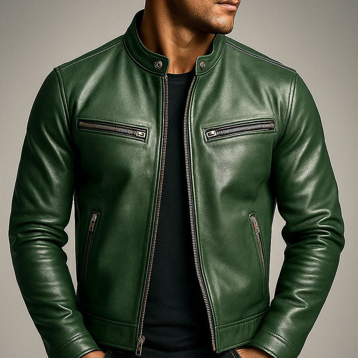 Jaqueta masculina preta de motoqueiro clássica, estilo atemporal, ideal para moda urbana e casual. Conforto e durabilidade.