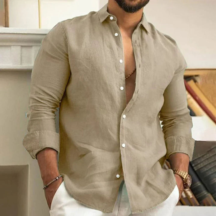 Camisa social masculina slim de linho, manga longa, design clássico e moderno para um visual sofisticado.
