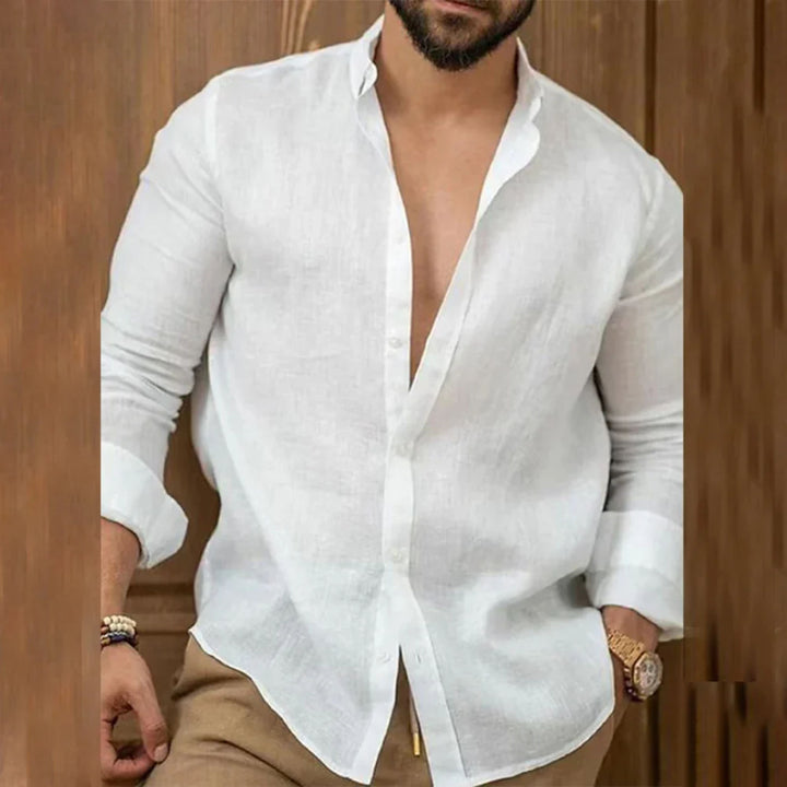 Roupa masculina: camisa de linho slim fit, manga longa, casual elegante, perfeita para o homem contemporâneo.