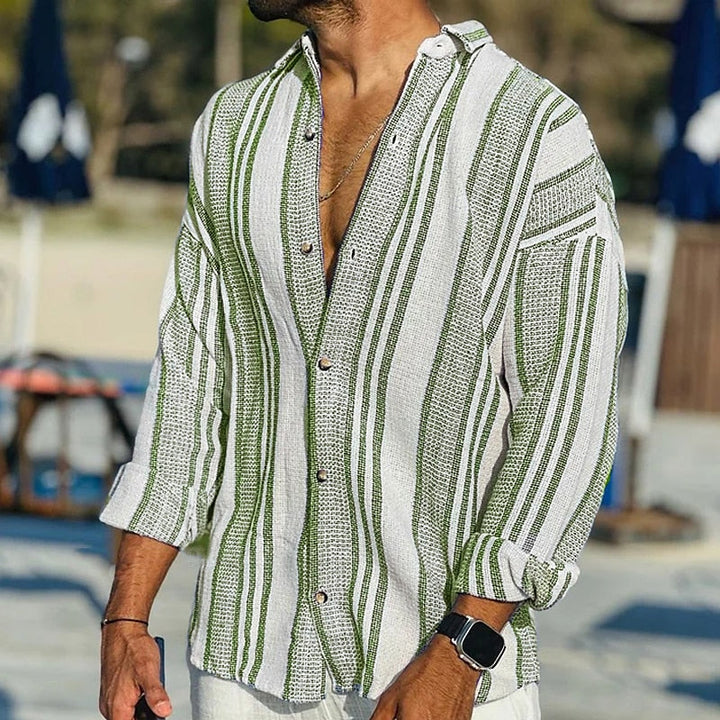 Confortável camisa masculina de linho listrada manga longa para moda casual, elegante e versátil.