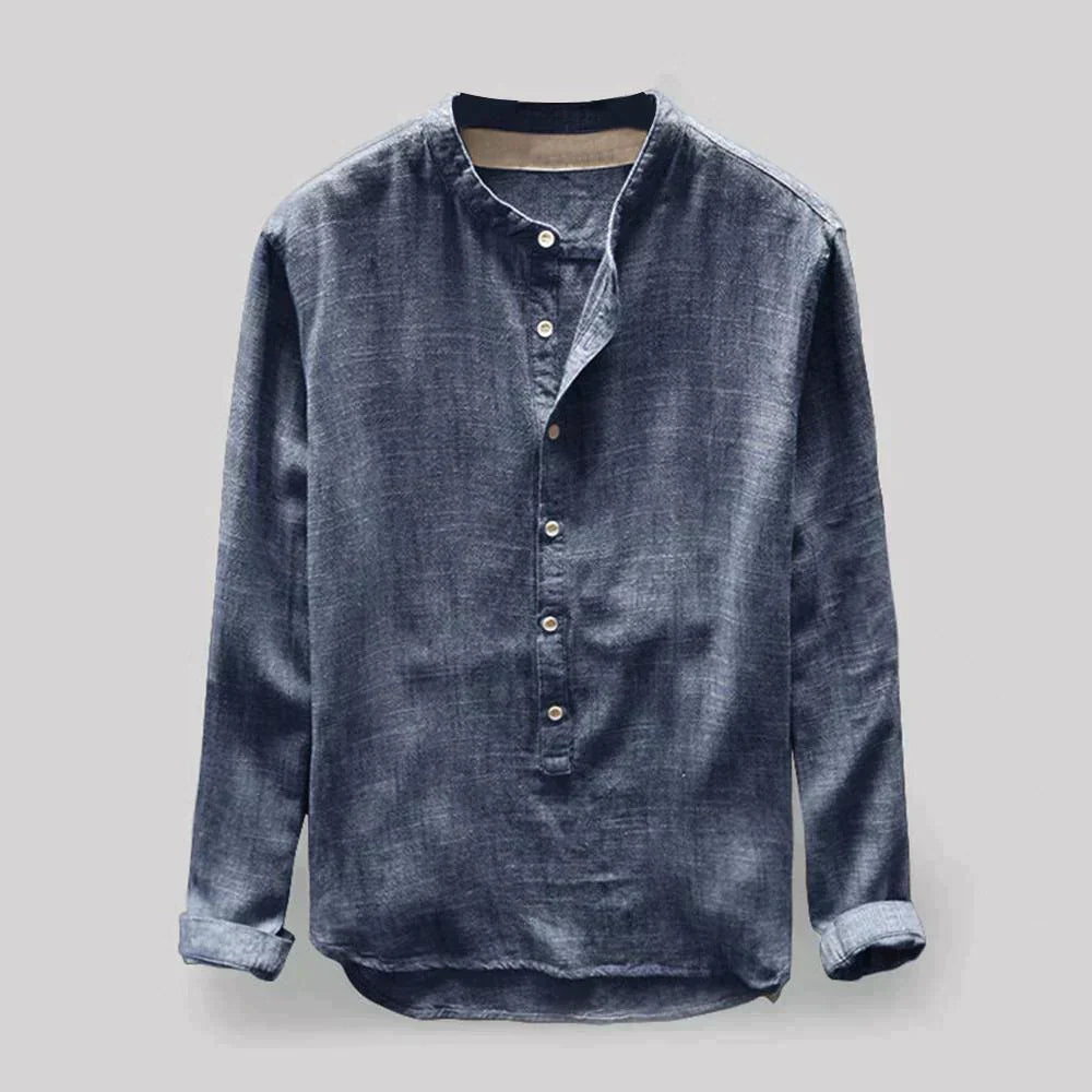 Camisa de linho masculina abotoada de manga longa, ideal para moda masculina casual e formal.