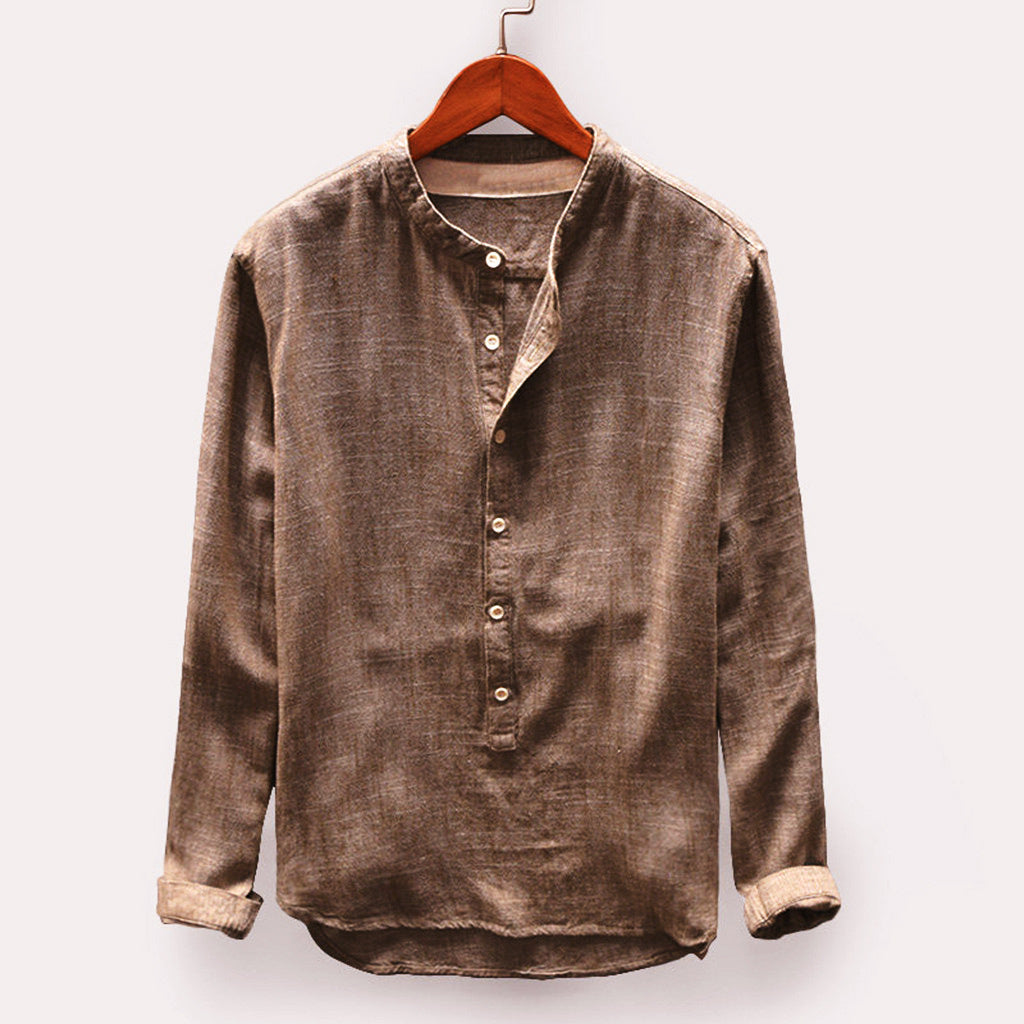 Camisa de linho masculina de manga longa, respirável e abotoada, versátil para looks casuais e formais.