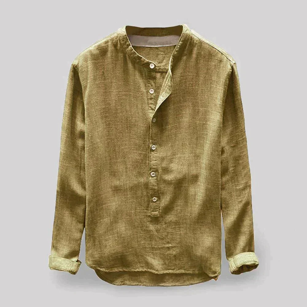 Camisa de linho masculina elegante e casual de manga longa abotoada, ideal para qualquer ocasião.
