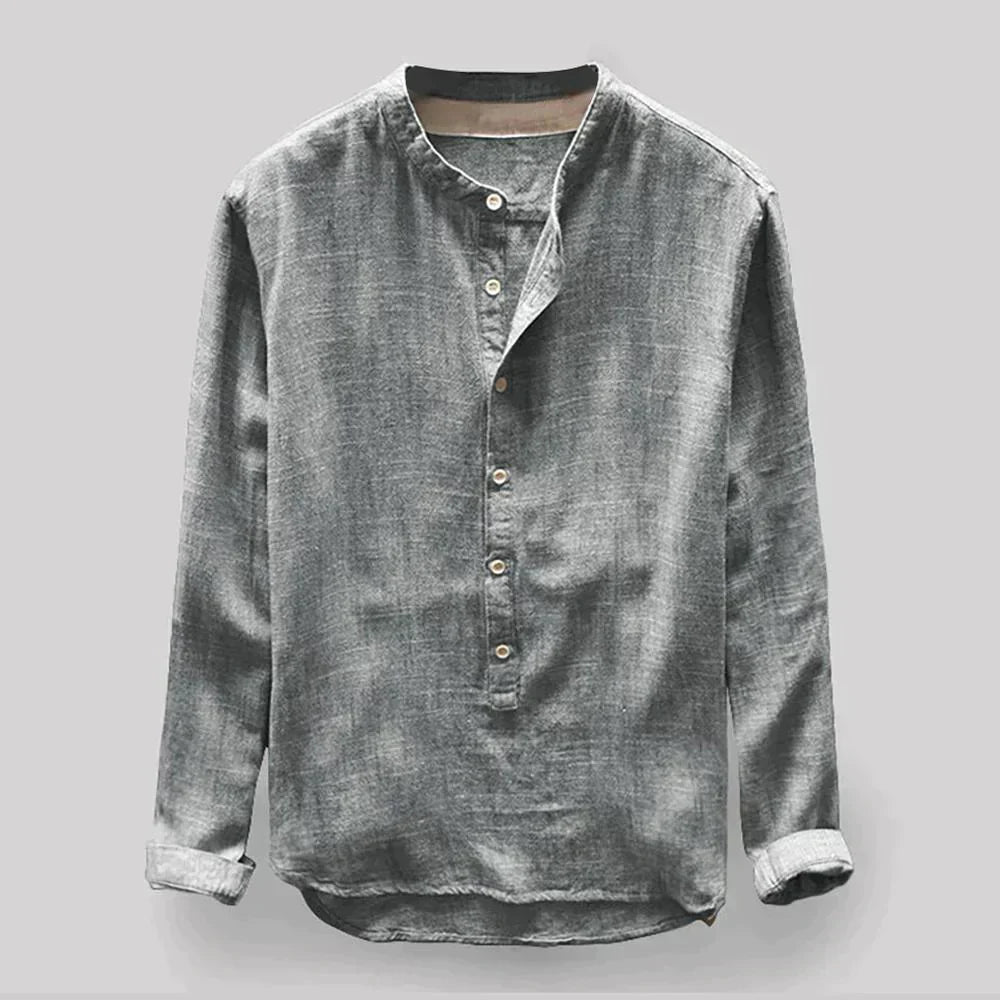 Camisa de linho masculina respirável de manga longa, perfeita para conforto e elegância no verão.