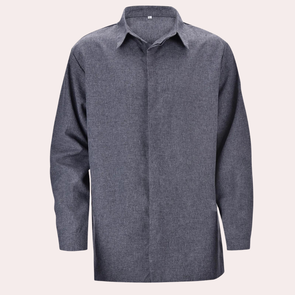 Camisa de linho manga longa masculina para verão, em cores preto, azul ou cinzento. Conforto e estilo respirável.
