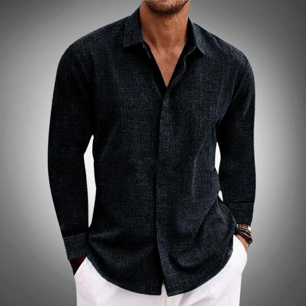 Camisa de linho masculina manga longa preta, elegante e respirável para verão. Conforto casual para homem.