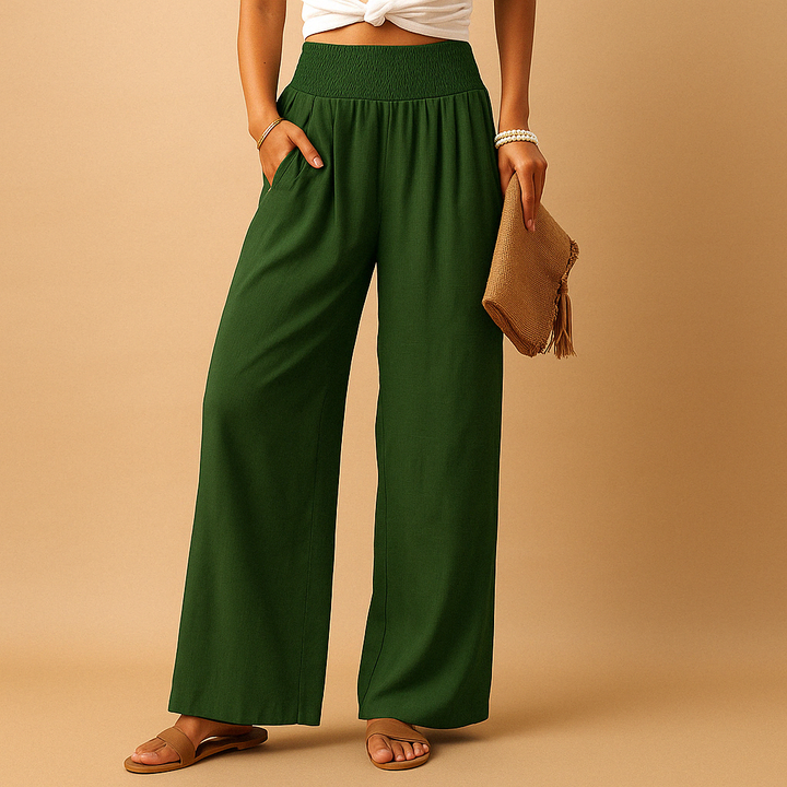 Close-up da cintura elástica da calça feminina reta, garantindo conforto e ajuste perfeito para o dia a dia.