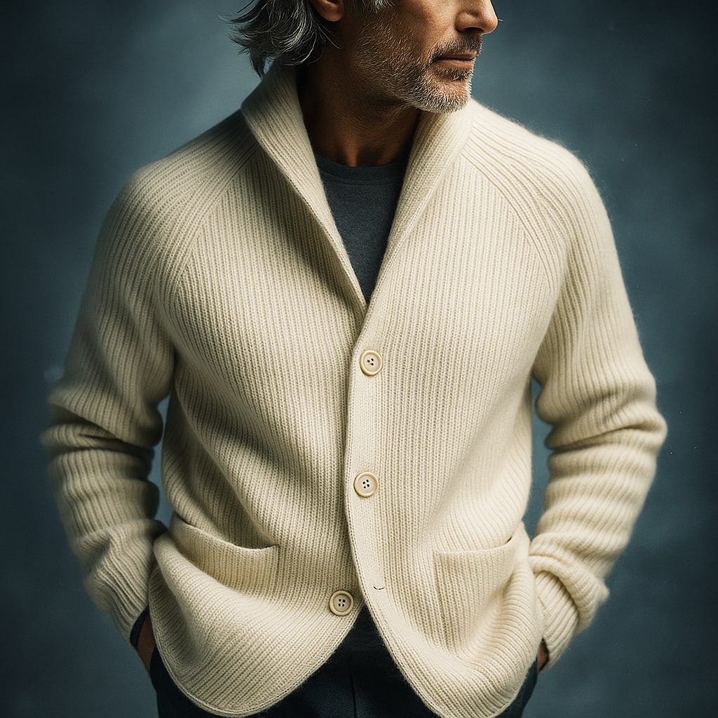 Cardigan masculino moderno com botões, versátil para o dia a dia, adicionando estilo e conforto.