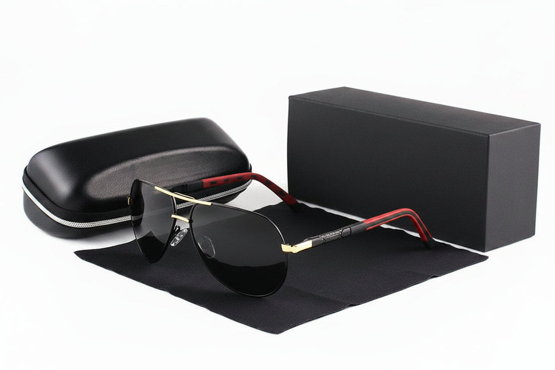 Óculos de sol aviador masculino polarizado com armação metálica, proteção UV para estilo clássico.