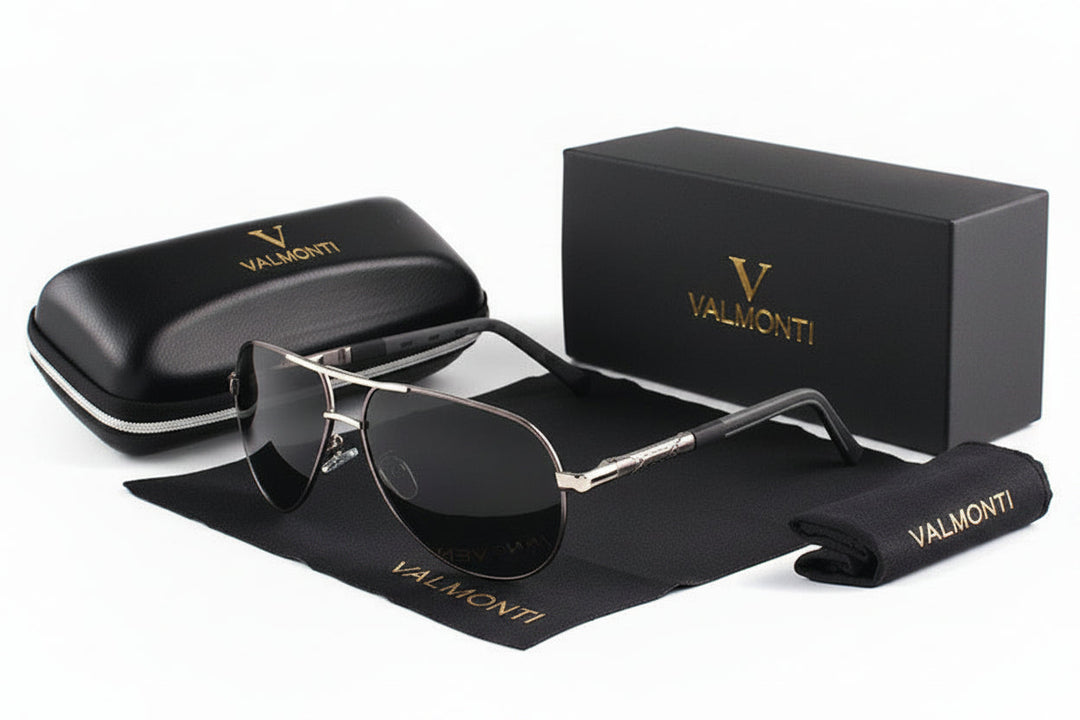 Óculos de sol aviador clássico masculino, com lentes polarizadas e armação metálica para conforto superior.