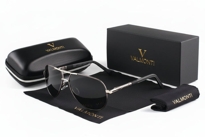 Óculos de sol aviador clássico masculino, com lentes polarizadas e armação metálica para conforto superior.